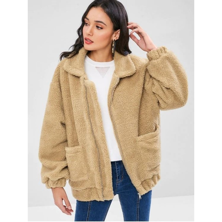 SWEATER JAKET BULU WANITA / JAKET SHERPA SAKU BAHAN BULU DOMBA IMPORT TEBAL