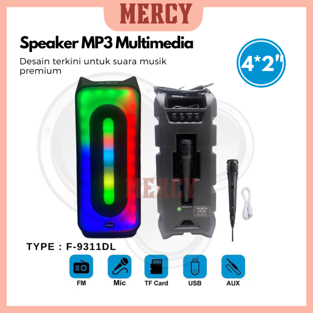 SPEAKER KARAOKE FREE MIC TYPE F-9311DL | SPEAKER BASS 4INCH LED WARNA WARNI