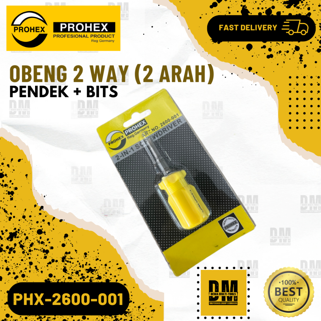 Obeng Pendek Bolak Balik 2 Way PROHEX 2 Arah+Bits Plus Minus 2600-001