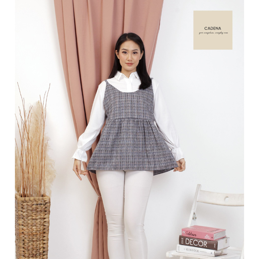 Atasan Wanita Blouse Wanita Bahan Katun Kombinasi Kotak - Mila