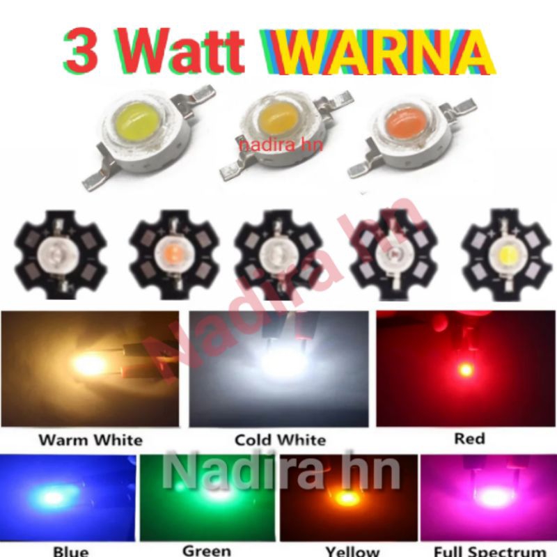 LED 3W WARNA (+pcb/led saja/+resistor-5V/12V) hpl chip 3 watt warna lampu hias lampu aqurium, dll