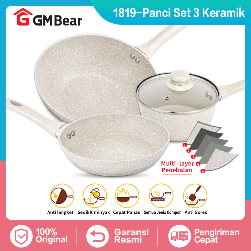 GM Bear Panci Set Keramik Anti Lengket P0411 - Luversa Panci Ceramic Set 3psc
