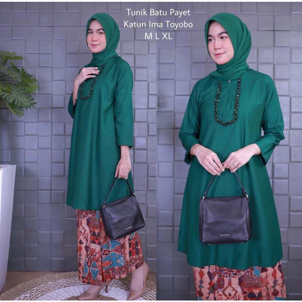 Tunik wanita batu payet polos warna Hijau botol terbaru katun toyobo fodu premium brand kamari