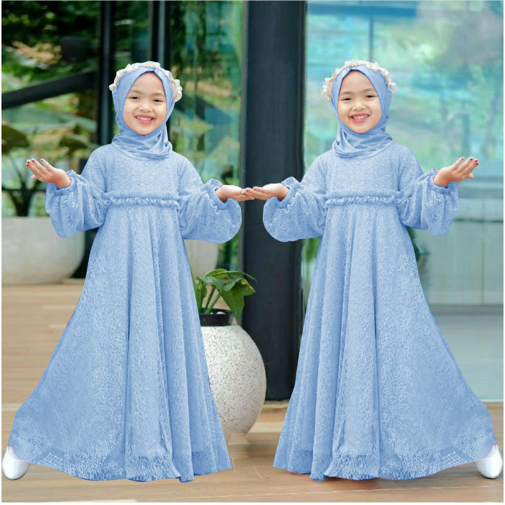 Gamis dress anak perempuan 2023 muslim brukat modern mewah gaun pesta anak kondangan- Gandykid