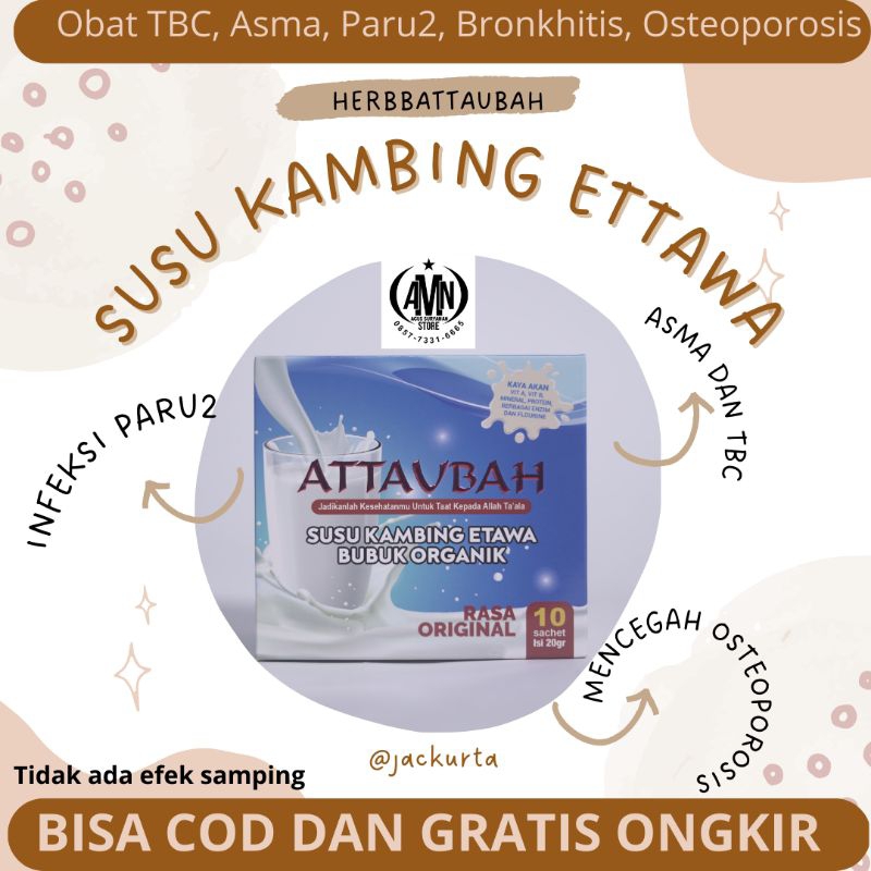 

Susu kambing etawa attaubah 1box isi 10 sachet harga murah dan berkhasiat keluhan penyakit pernafasan seperti asma, TBC, Bronkhitis, infeksi paru2, anemia, menguatkan tulang dan mencegah osteoporosis