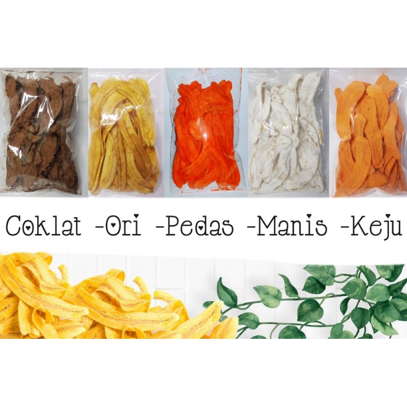 

keripik pisang rasa coklat,original,pedas,manis,keju,100gr