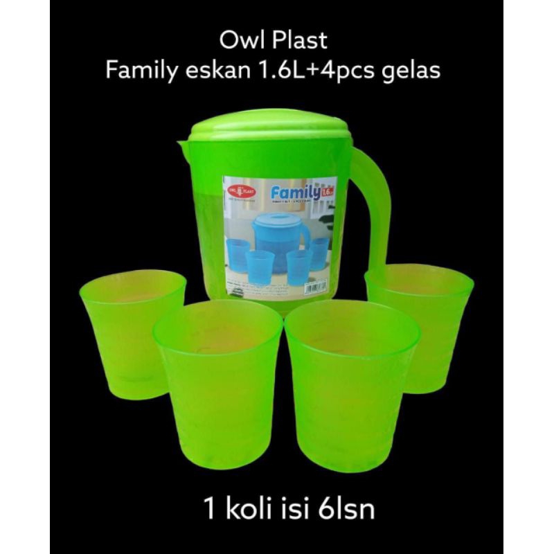 TEKO ESKAN FAMILY 1.6 LITER + GELAS 4 PCS / OWL PLAST / TEKO SET BAHAN PLASTIK