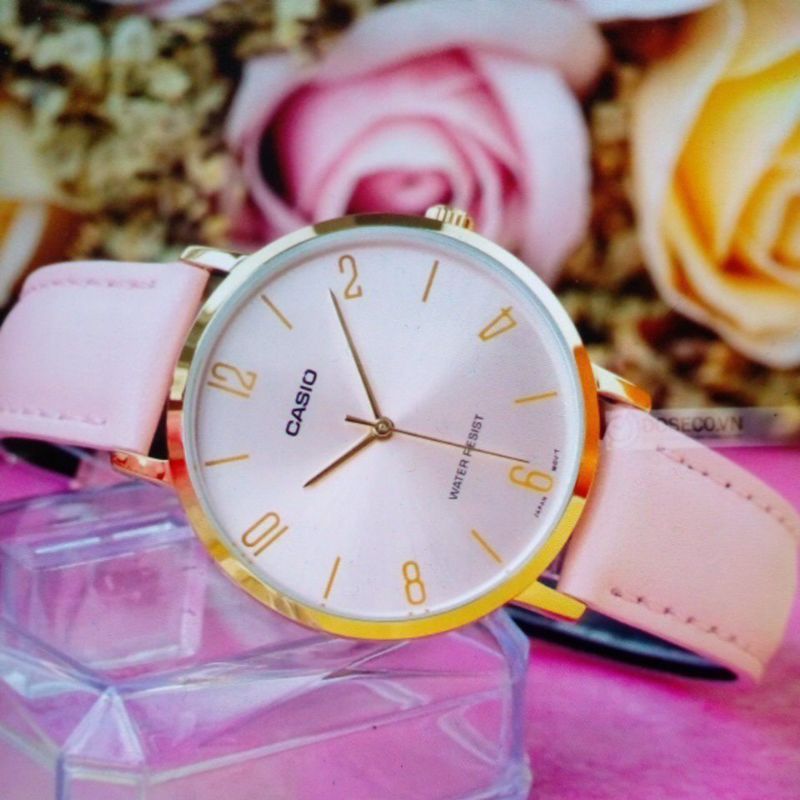 casio jam tangan wanita analog kulit pink