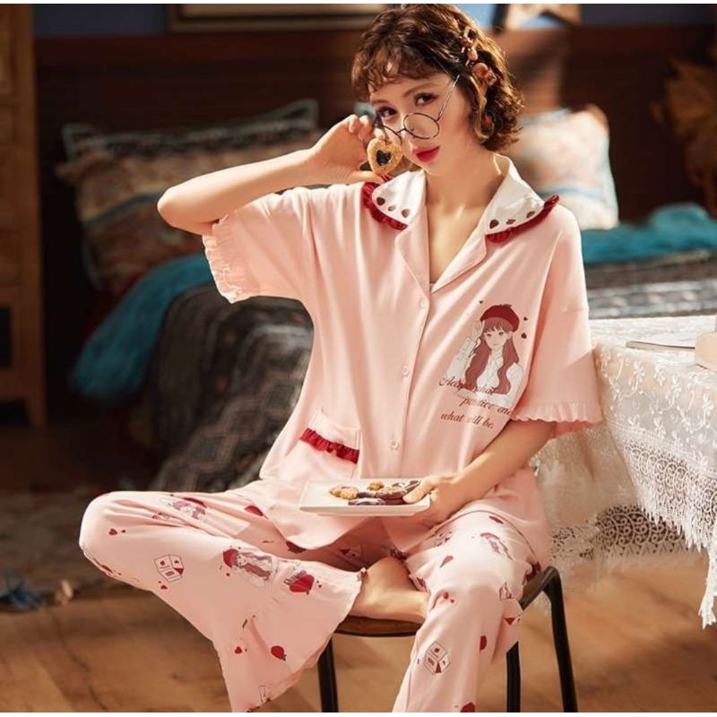 Rulif Baju tidur krah wanita lengan pendek / Piyama cp wanita baju tidur import korean style