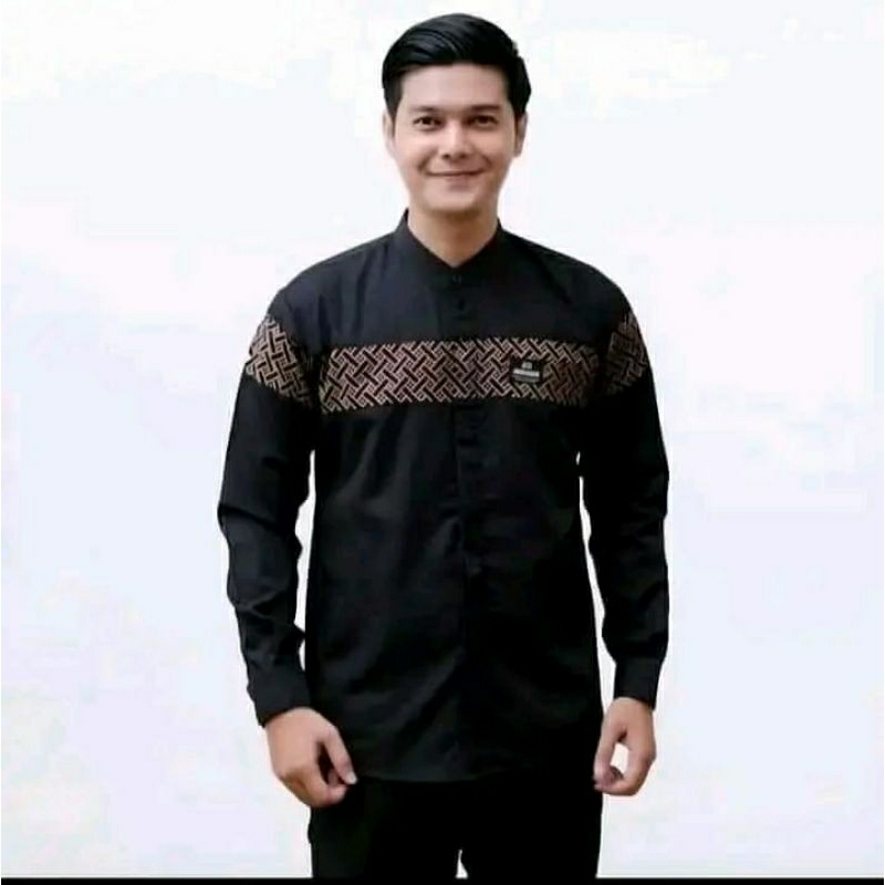 Baju koko pria lengan panjang f kobata kombinasi warna coklat putih hitam