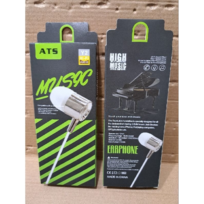 HF HEADSET Y2 ATS STEREO EARPHONE HIGH PERFORMANCE IN-EAR EARPHONES HI-RES AUDIO COMPATIBLE WITH ALL MOBILE PHONES, MUSIC PLAYERS, PORTABLE GAMING DEVICES, AND COMPUTERS, XTRA BASS JACK EARPHONE