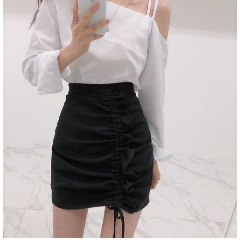 (S-XXL) Monribbon highwaist skirt rok wanita variasi serut