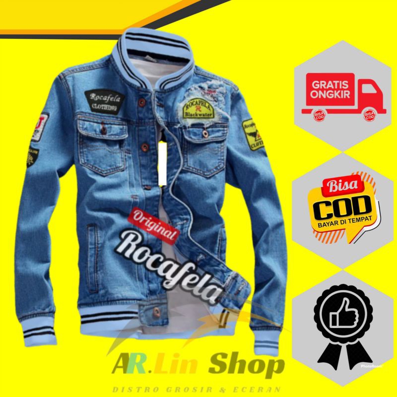 Jaket Jeans Bomber Denim Pria Keren Jeket Jins Cowok Bordir Emblem Jacket Grade Original Rocafela Di