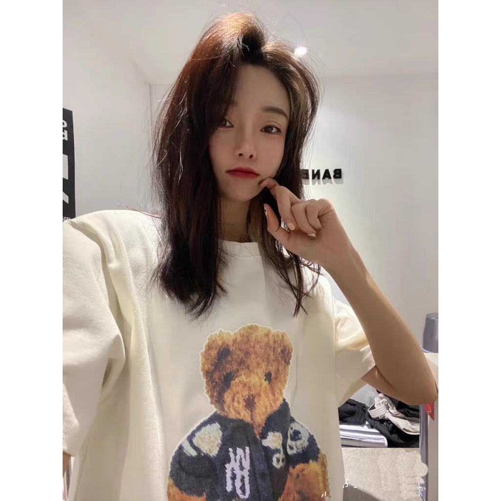 Kaos Couple Oversize Kekinian Vintage Cute Bear Cartoon Pattern Printing Lengan Pendek T-shirt Baju Wanita Hitam