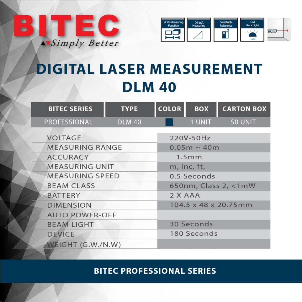 BITEC - ALAT PENGUKUR JARAK DIGITAL / DIGITAL LASER MEASUREMENT - DLM 40 - GARANSI RESMI 1 THN