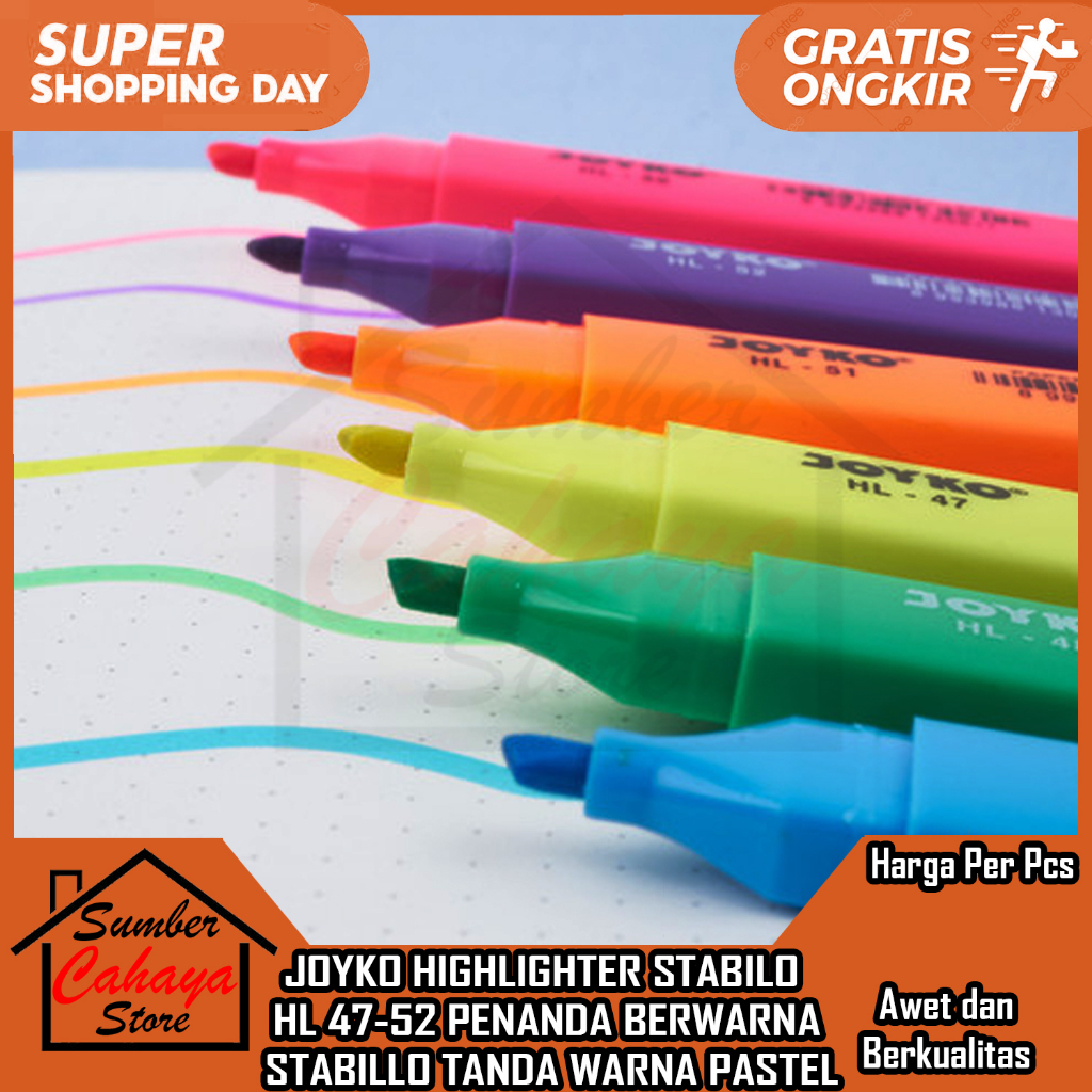 

HIGHLIGHTER PENANDA BERWARNA JOYKO HL 47 52 PASTEL COLOR STABILO STABILLO TANDA PENGINGAT WARNA PENA SPIDOL SEPIDOL CATATAN BUKU NOTE NOTES JOIKO KANTOR
