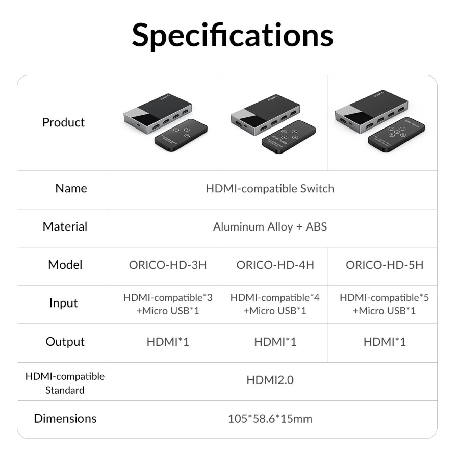 Hdtv 2.0 switch orico 3 port 4k 60hz 600mhz adapter 3in1 w/ remote hd-3h - hdtv switcher selected 3 input 1 output 3x1 hd3h