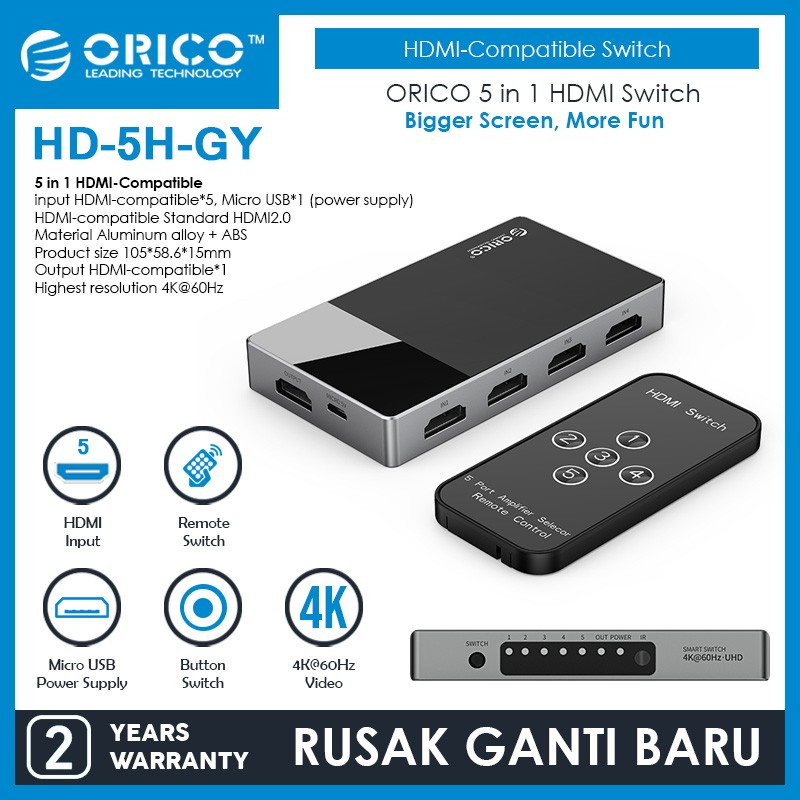 Hdtv 2.0 switch orico 5 port 4k 60hz 600mhz adapter 5in1 w/ remote hd-5h - hdtv switcher selected 5 input 1 output 5x1 hd5h