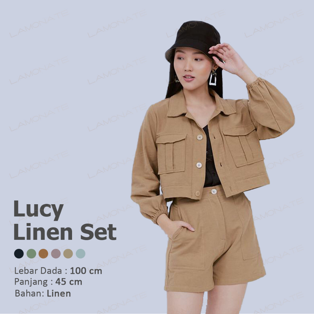 Lucy Linen Crop K-1354 / Setelan Crop Lengan Panjang / Setelan Celana Pendek