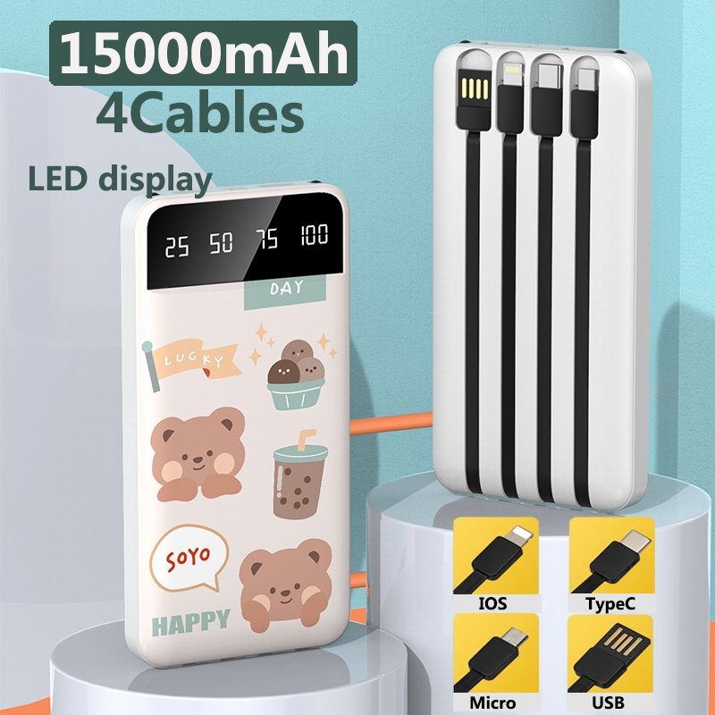 15000mAh Powerbank iPhone/Micro/Type c 5in1 with Cable Fast Charging LED Cute Mini Kartun Mirror Screen Digital Display Dual USB Portable Flashlight 2.1A Phone Battery Backup Powerbank USB xiaomi sumsung huawei ip Power Bank Slim Original bank daya Gift