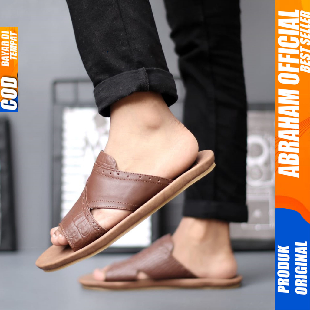 Sandal Slide Pria Kulit Asli Sendal Pria Slop Original Abraham