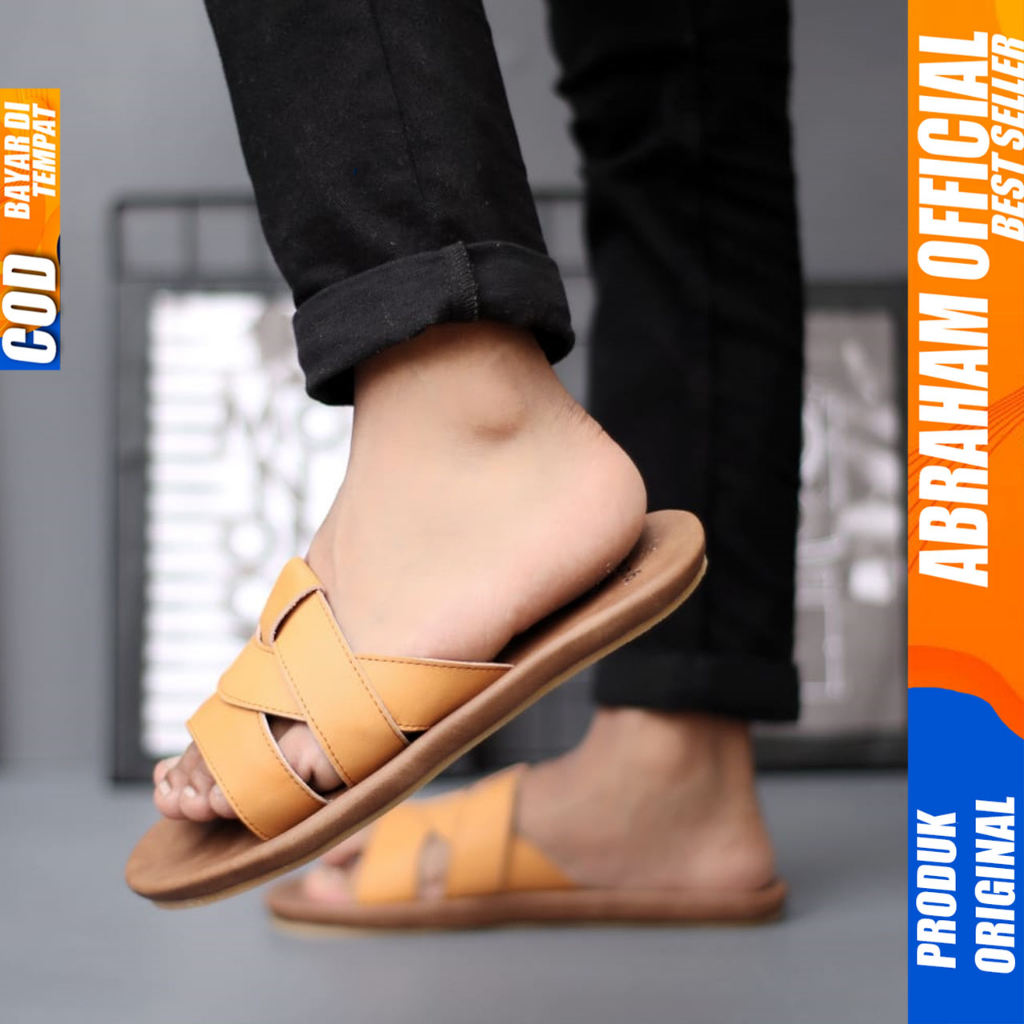 Sandal Slide Pria Kulit Asli Sendal Slop Original Abraham