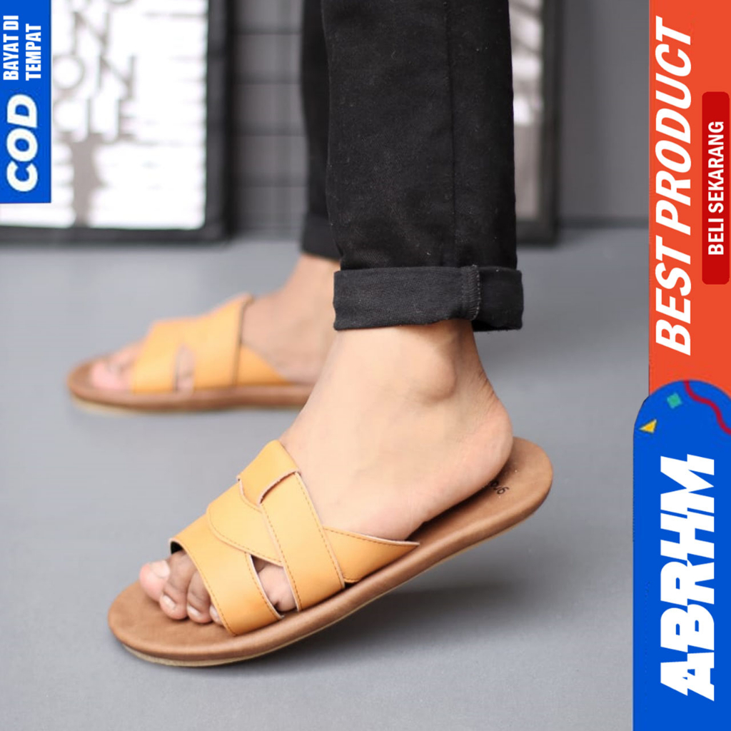 Sandal Slide Pria Kulit Asli Dewasa Sendal Selop Distro Abrhm