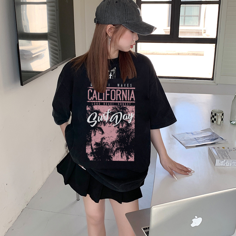 Print Washed T-shirt Kaos Lengan Pendek Oversize Hitam Retro Pink Shut Down Korean Style Atasan Wanita