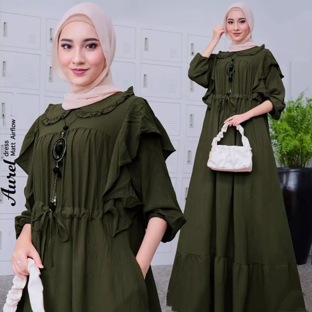 Aurel Dress Maxi Gamis Wanita Terbaru Bahan Cringkle Airflow Gamis Busui Kekinian