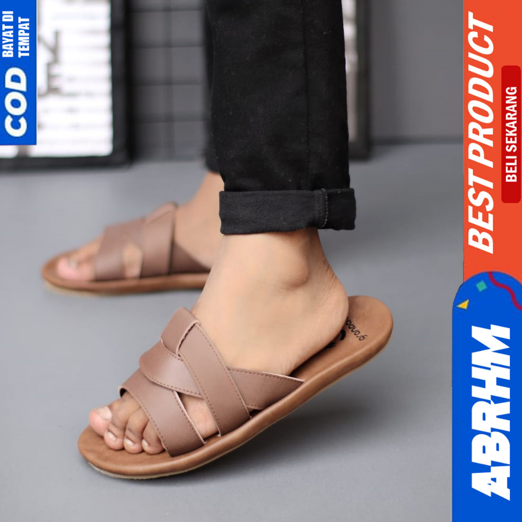 Sandal Slide Pria Sendal Selop Kulit Asli Original Abrhm