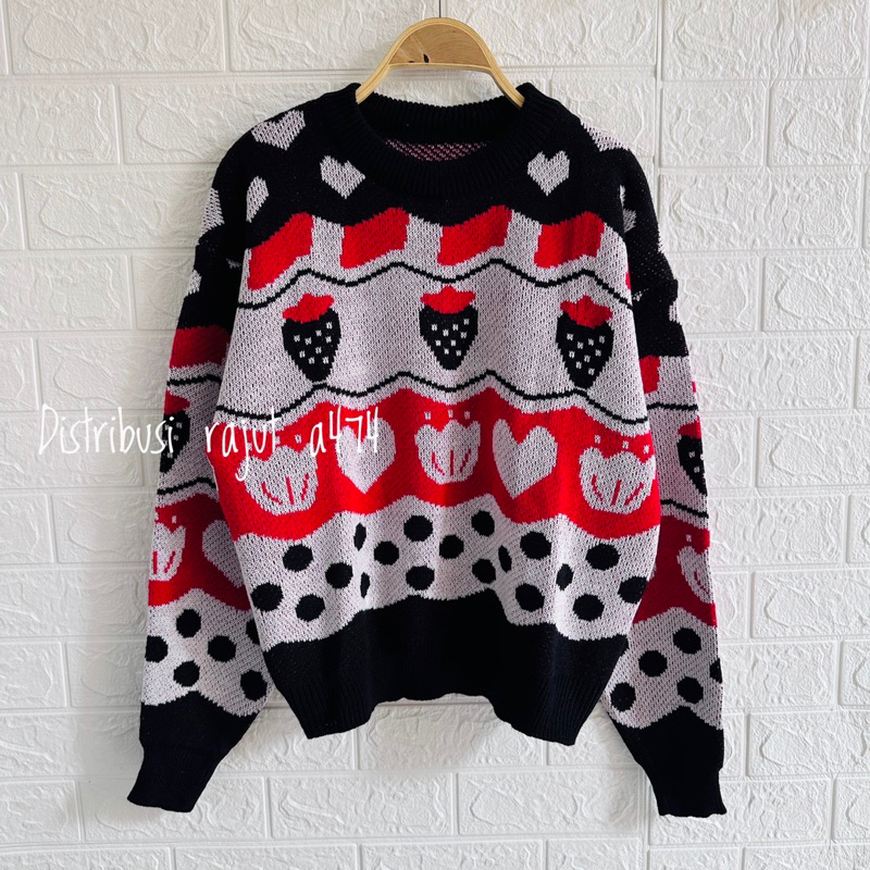 DIST SWEATER RAJUT PREMIUM MOTIF STROBEERY ATASAN WANITA LENGAN PANJANG