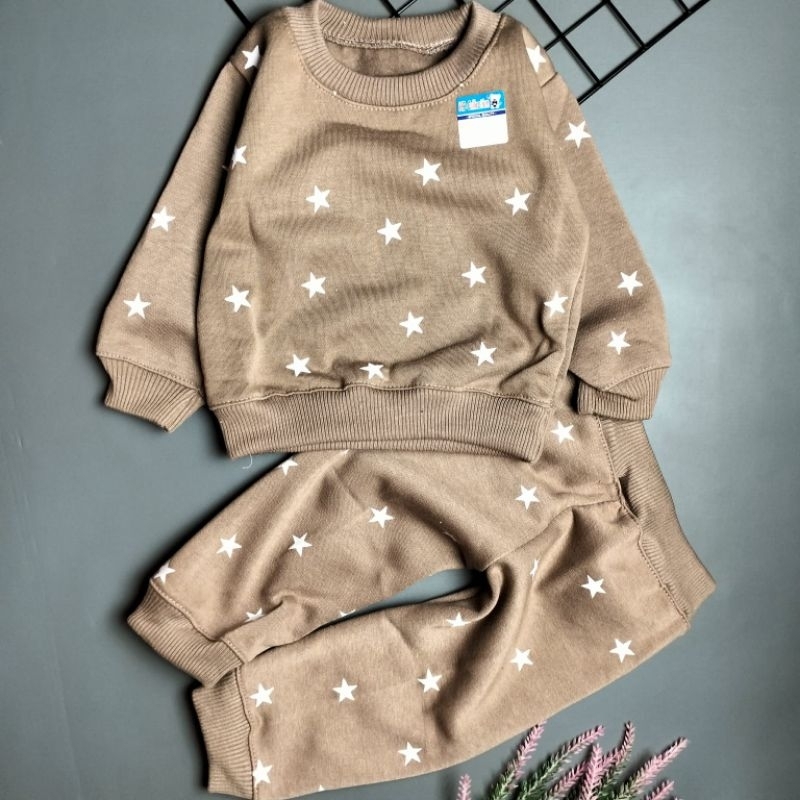 setelan sweater fleece bayi 3-12 bulan motif stars