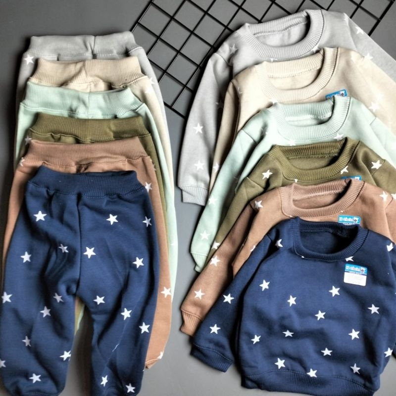 setelan sweater fleece bayi 3-12 bulan motif stars