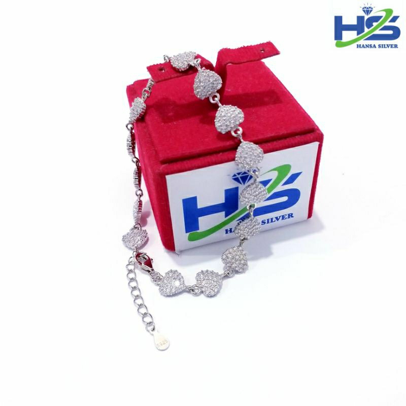 Gelang Perak Asli Silver 925 Lapis Emas Putih Model Rantai Love Permata - Gelang Perak Wanita Anti Karat