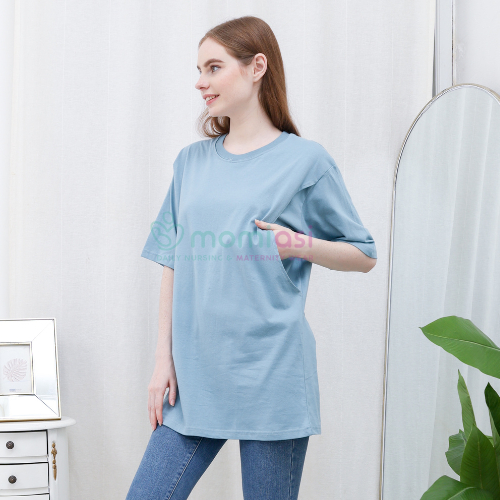 Momiasi - Baju Kaos Ibu Menyusui Wanita Busui Nursing Wear Lengan Pendek Jumbo Bukaan Belahan Samping Premium