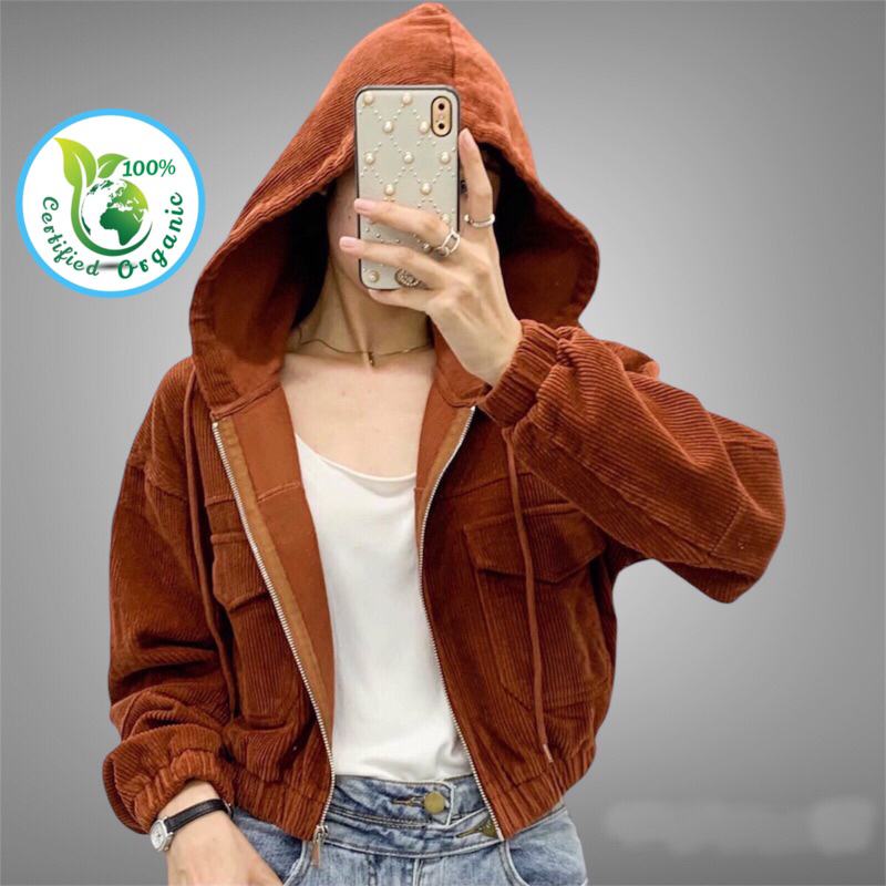[Crop Jacket] Jaket Wanita Oversize Terracotta Jacket Corduroy Hight Waist Cropped Hooded Top | Jake