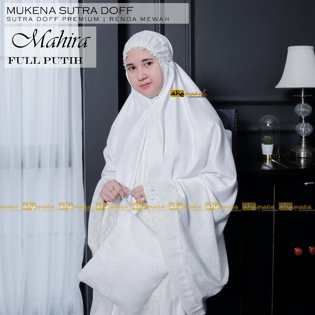 Mukena Dewasa Putih Sutra Doff Corak Bunga Mewah Silk Premium [SheMara] - MahiraSeries