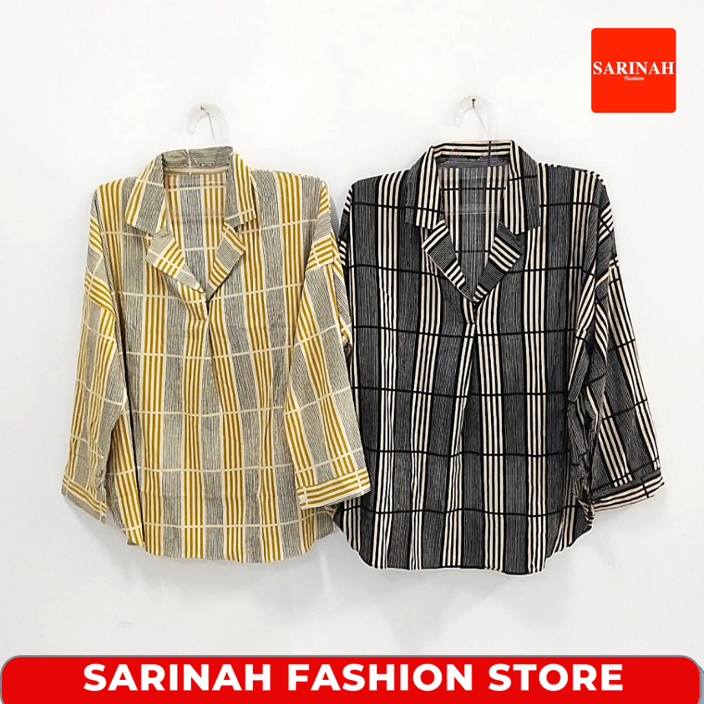 Kemeja Lengan Panjang Motif Salur Wanita Women's Shirt