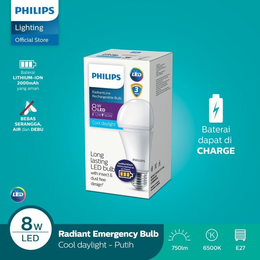 PHILIPS Lampu Emergency LED Bulb Rechargeable 7W  9w 7.5W  7 watt 7.5 watt Putih , RADIANTLINE 8W 11W