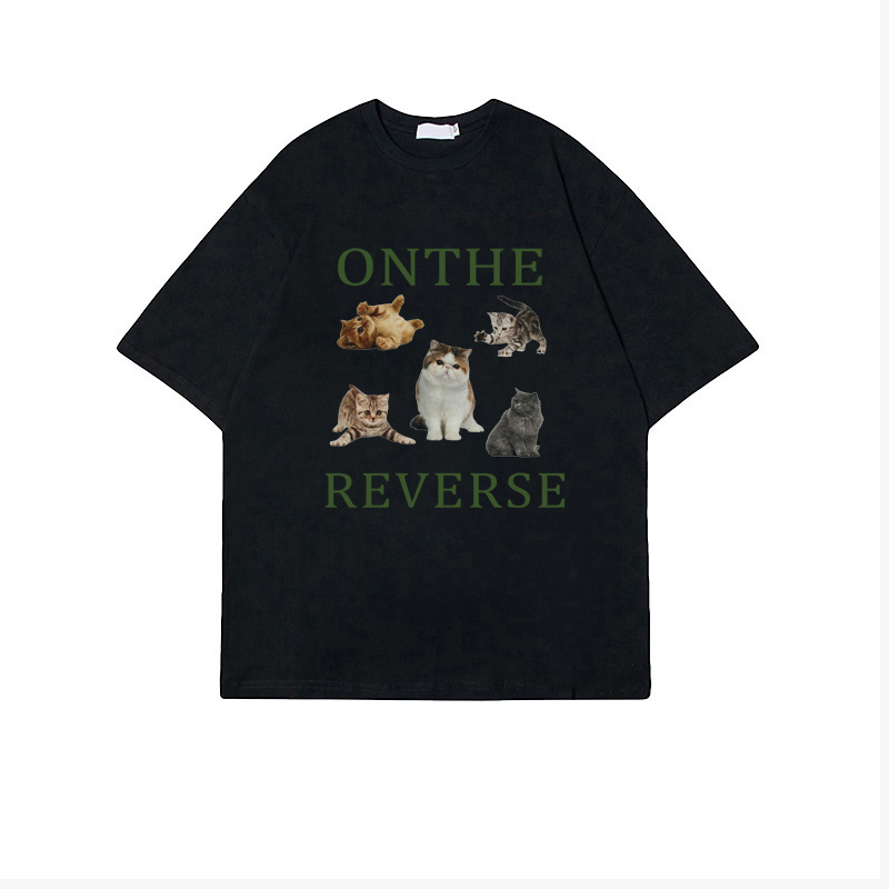 [100%  Katun]Cat Kaos Lengan Pendek Cream Atasan Wanita Oversize Printed T-shirt Kekinian Korean Style/kaos kartun wanita