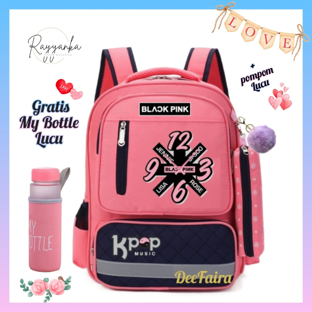 Tas Ransel Anak Perempuan Kep00p Gratis Pompom &amp; Botol Minum Untuk Tk Sd Smp