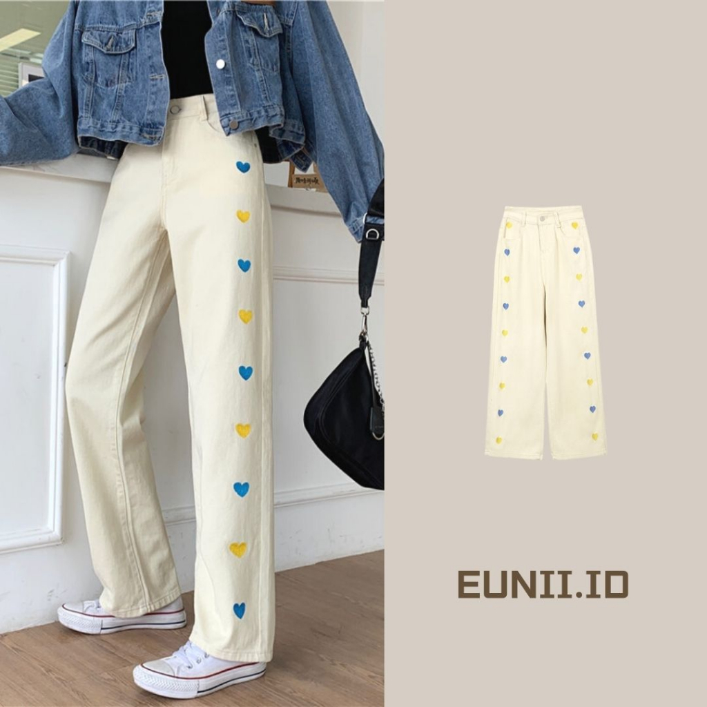 EUNII Celana Jeans Wanita Terbaru High Waist Straight Loose Heart Embroidery Celana Jeans