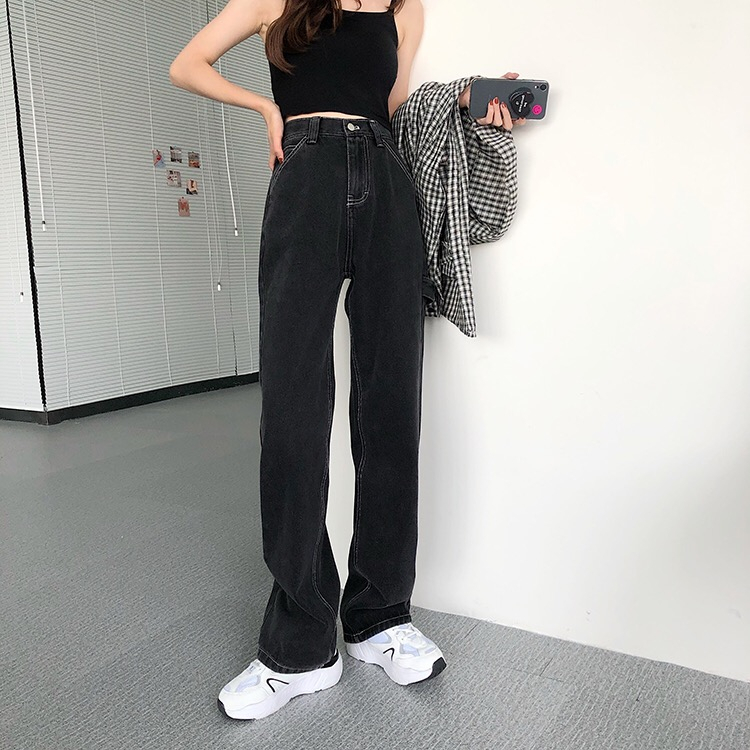 EUNII Celana Jeans Wanita Hitam Tipis Loose High Waist Straight Pants Korean Style