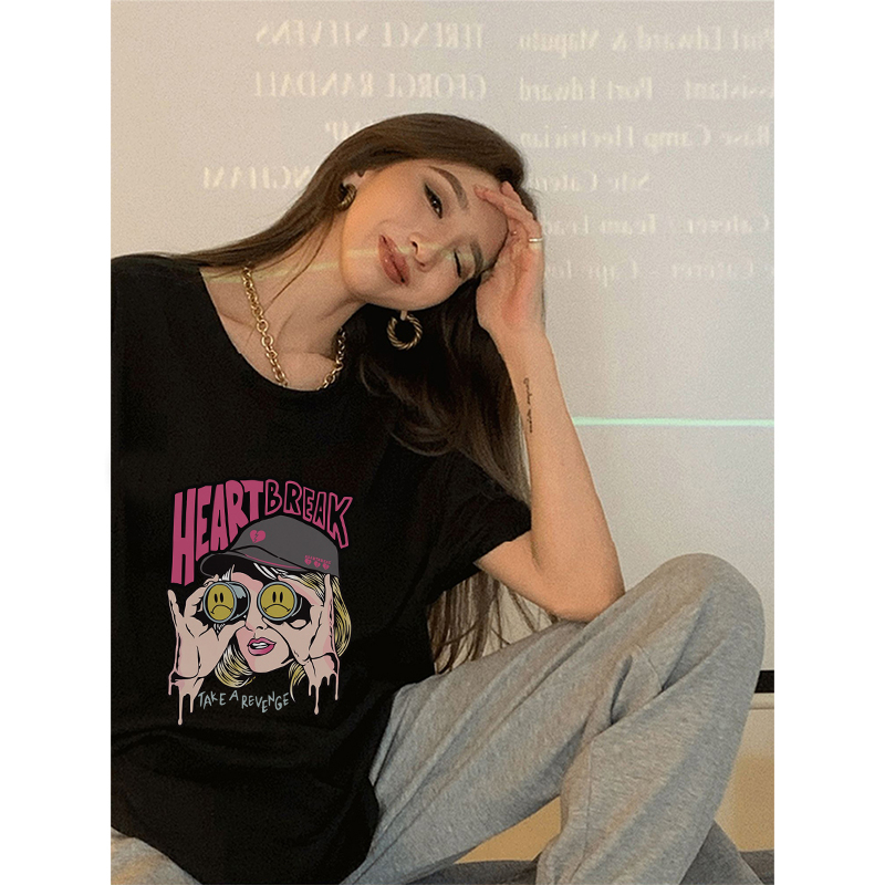 kaos hitam oversize wanita korean style lengan pendek cartoon character graffiti print T-shirt import kekinian kaos hitam