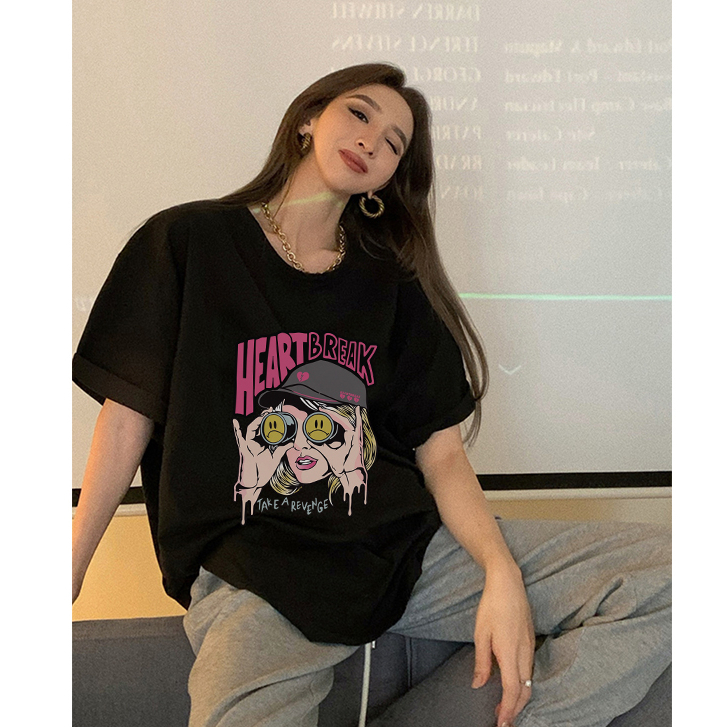kaos hitam oversize wanita korean style lengan pendek cartoon character graffiti print T-shirt import kekinian kaos hitam