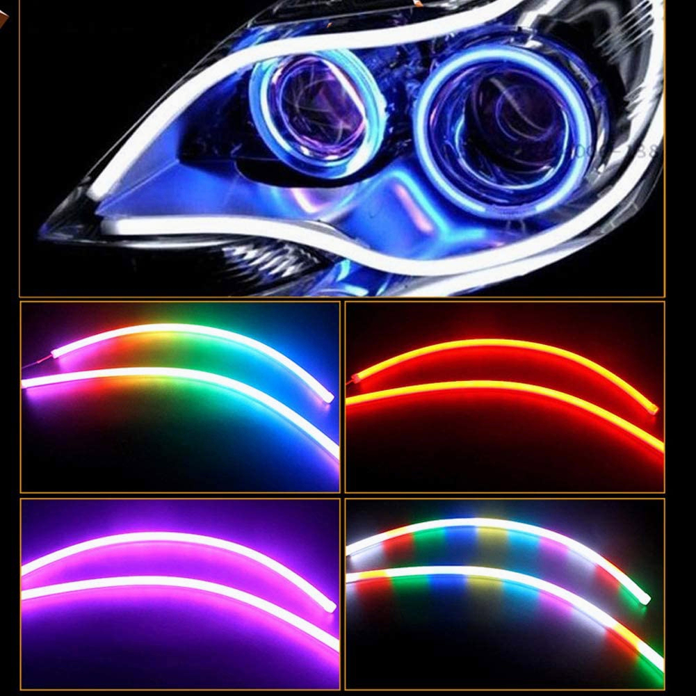 （Satu set =2 pcs dijual） Alis LED slim alis DRL fleksibel waterproof Transformasi warna-warni + kendali jarak jauh 12v 60cm 30cm 2 mode running motor mobil 2 MODE SEN RUNNING DAN SENJA Menjalankan Selamat Datang
