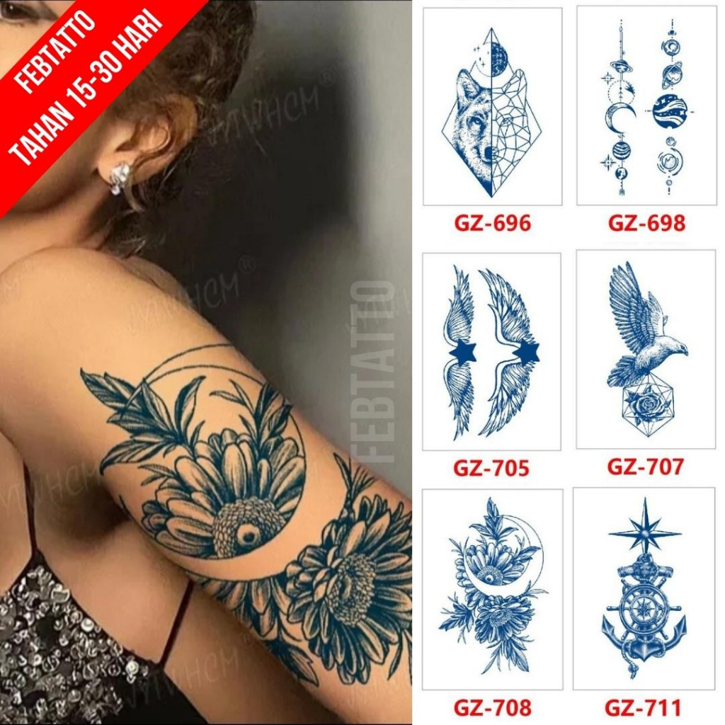 FRUIT INK Tato Semi Pemanent Tahan 1 Bulan Ukuran 11cmx18cm Tato Lengan Tato Dada Tato tangan Tato Kaki Tato Punggung Tato Jari  Motif Aesthetic Tatto Temporary Stiker Tato Halal Grosir Tato air motif bunga, jangkar, burung, sayap, planet, serigala GZ 708