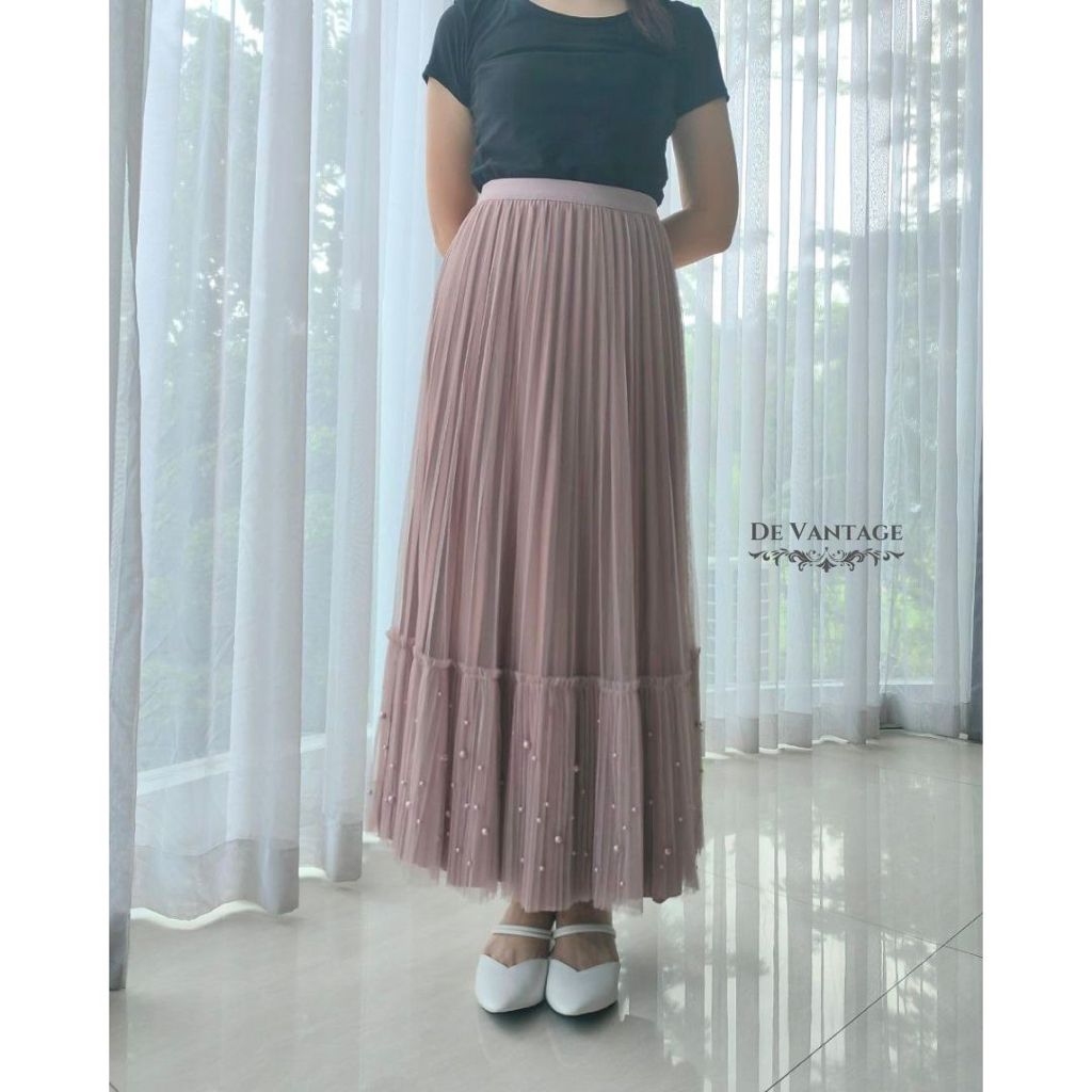 Rok Bolak Balik dengan Tile Kombinasi dan Mutiara / Rok Tutu Tile Bludru Panjang / Reversible Tulle Velvet Skirt