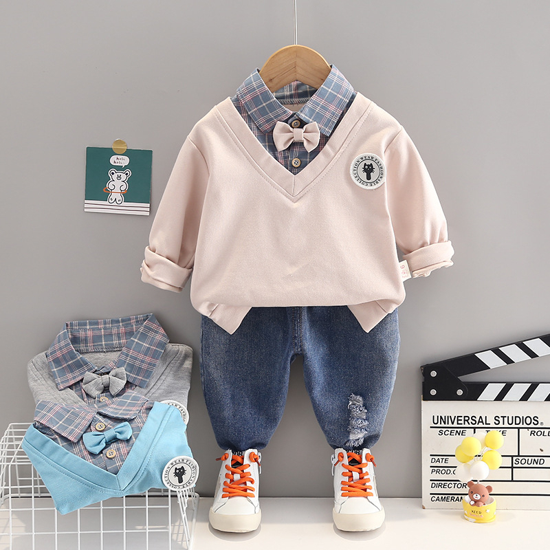 Setelan baju anak laki-laki keren MOTIF CAT CREAM &amp; GREY usia 6 bulan - 5 tahun pakaian baby ala korea-ananakstore