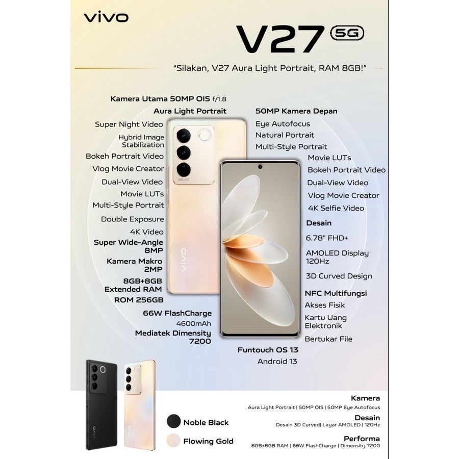 Vivo V27 5G 8/256GB Mediatek Dimensity 7200 AMOLED New Garansi Resmi